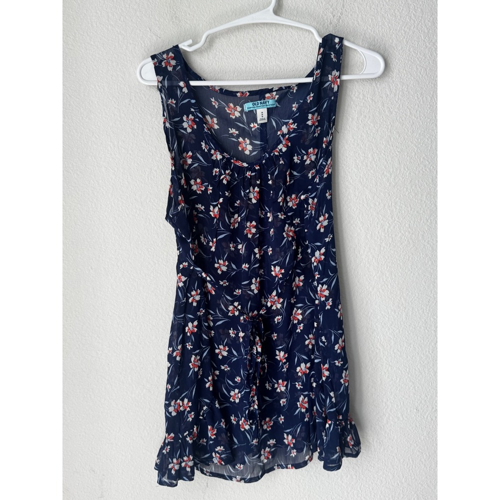 Old Navy Maternity Navy Blue Floral Chiffon Sleeveless Blouse Size M Drawstring